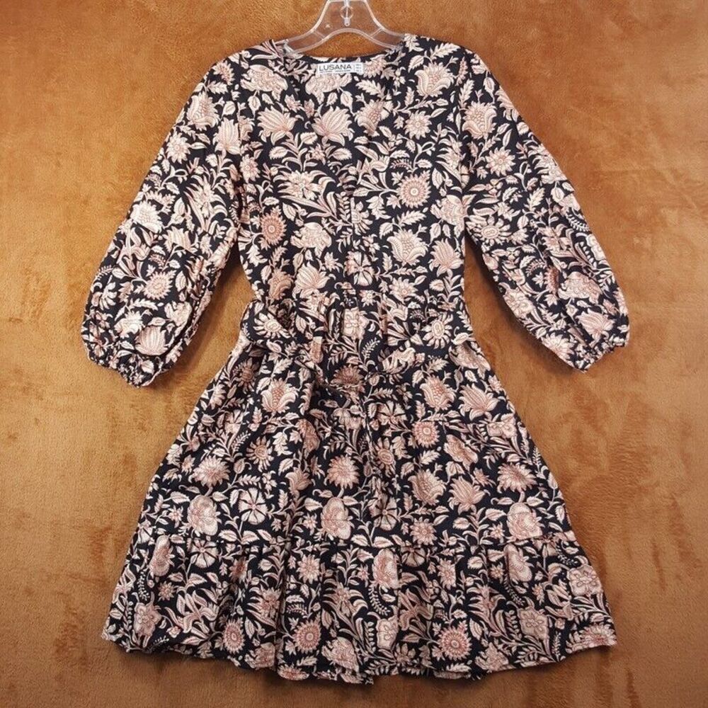 LUSANA Womens Dress Small Black Floral Pullover Fit Flare Belted Ruffle Peasant